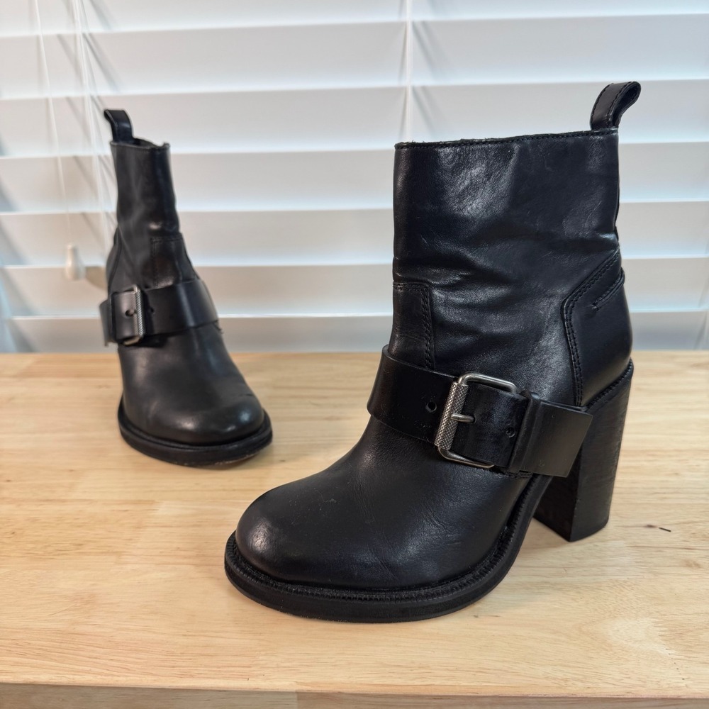 AllSaints Booties Women's Black Leather Round Toe Block Heel Side Zip - 7.5